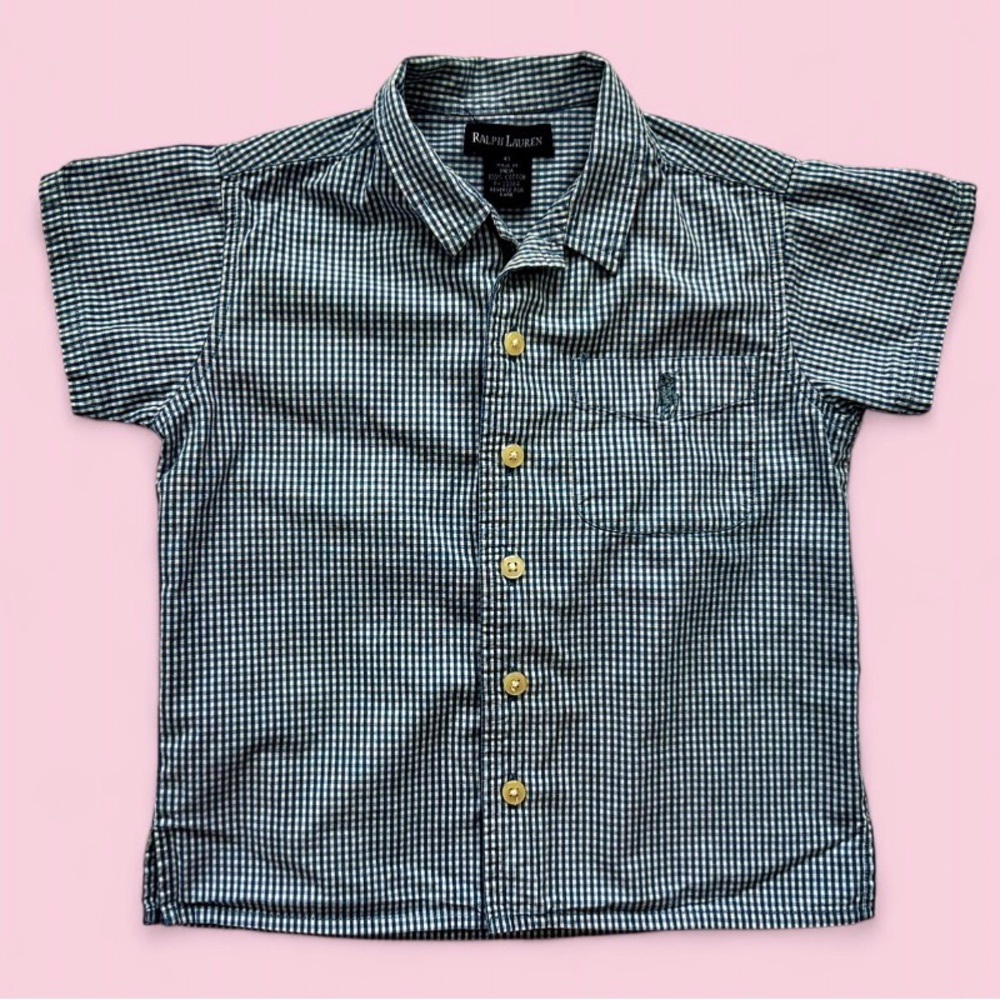 Ralph Lauren Boys Light Blue & White Gingham Button Down Shirt Sz 4T